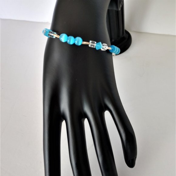 Aqua Blue Beaded Bracelet with Banded Agate Beads Handmade 8 inches - Picture 12 of 16